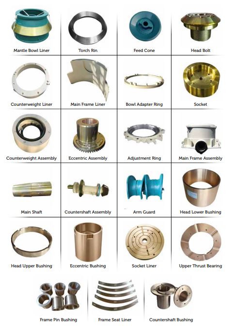 Konik Kırıcı 1 — Konik kırıcı mantle, bowl liner, ana mil, eksantrik grubu, burçlar ve gövde parçalarını gösteren 23 etiketli katalog.